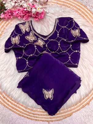 Fancy Purple Fandy Satin Saree With Khatli Brits Work And Arco Border