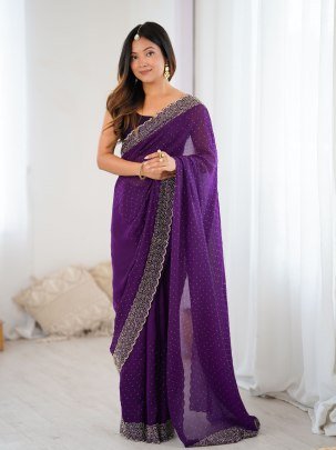 Fancy Purple Fendy Satin Zarkan Handwork Saree With 0 8 Meter Unstitched Blouse