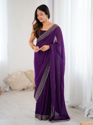 Fancy Purple Fendy Satin Zarkan Handwork Saree With 0 8 Meter Unstitched Blouse
