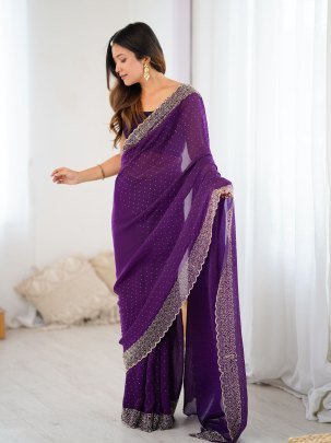 Fancy Purple Fendy Satin Zarkan Handwork Saree With 0 8 Meter Unstitched Blouse