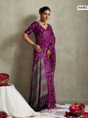 Fancy Purple Satin Silk Bandhani Printed Saree With Unstitched Blouse