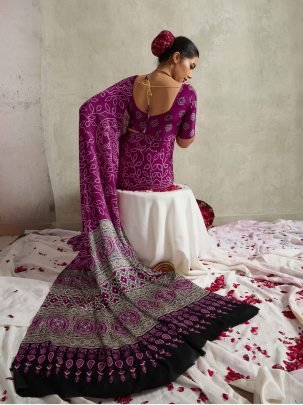 Fancy Purple Satin Silk Bandhani Printed Saree With Unstitched Blouse
