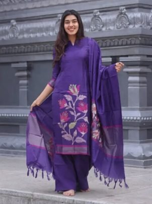 Fancy Purple Silk 3 pc Kurti Set 