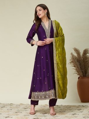 Fancy Purple Vichhitra Silk Kurta Pant With Embroidery Work Green Dupatta