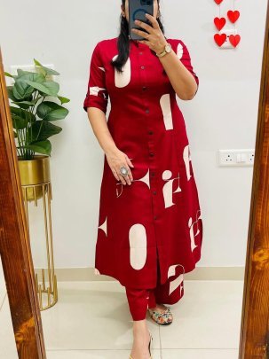 Fancy Rayon Fabric Red Colour Co Ord Set