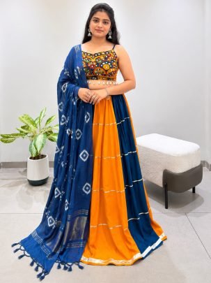 Fancy Real Mirror Work Blue With Yellow Navratri Lehenga