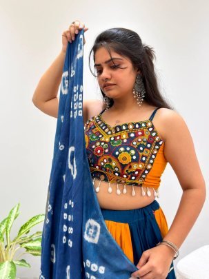Fancy Real Mirror Work Blue With Yellow Navratri Lehenga