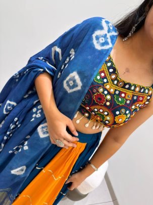 Fancy Real Mirror Work Blue With Yellow Navratri Lehenga