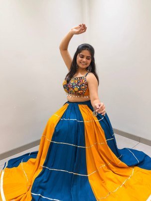 Fancy Real Mirror Work Blue With Yellow Navratri Lehenga