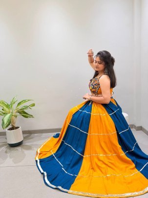 Fancy Real Mirror Work Blue With Yellow Navratri Lehenga