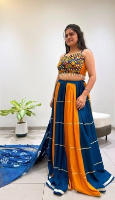 Fancy Real Mirror Work Blue With Yellow Navratri Lehenga