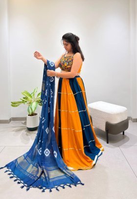 Fancy Real Mirror Work Blue With Yellow Navratri Lehenga