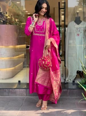 Fancy Roman Silk Heavy Sequence Work Pink Kurti With Latkan Dupatta