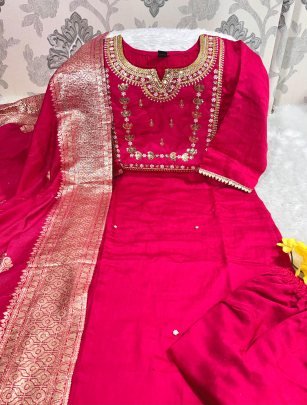 Fancy Roman Silk Heavy Sequence Work Pink Kurti With Latkan Dupatta