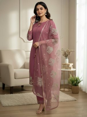 Fancy Salmon Pink Pure Natural Crepe Silk Embroidered Top Plazzo Set With Organza Dupatta