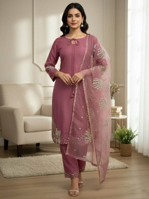 Fancy Salmon Pink Pure Natural Crepe Silk Embroidered Top Plazzo Set With Organza Dupatta