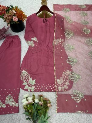 Fancy Salmon Pink Pure Natural Crepe Silk Embroidered Top Plazzo Set With Organza Dupatta