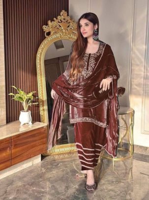Fancy Sequin Work Brown Suit With Designer Lace Dupatta