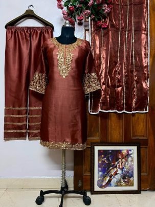Fancy Sequin Work Brown Suit With Designer Lace Dupatta