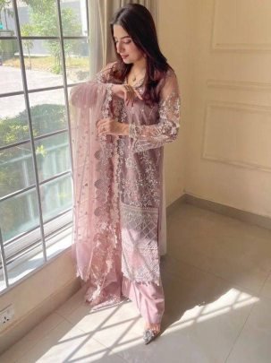 Fancy Soft Net Sequence Work Suit With Soft Butter Silk Plazzo