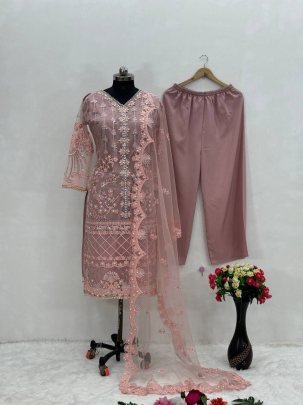 Fancy Soft Net Sequence Work Suit With Soft Butter Silk Plazzo
