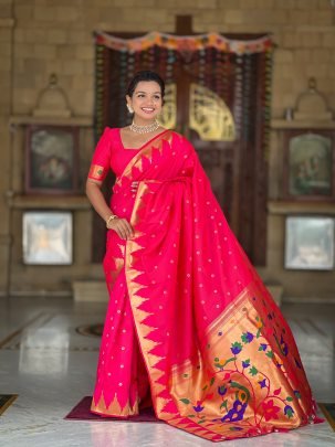 Fancy Soft Silk Red Paithani Saree With Designer Silk Blouse