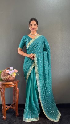 Fancy Turquoise Blue Multi Sequence Embroidery Work Georgette Silk Saree