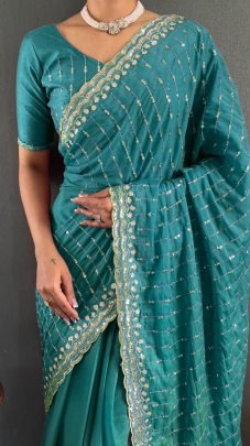Fancy Turquoise Blue Multi Sequence Embroidery Work Georgette Silk Saree