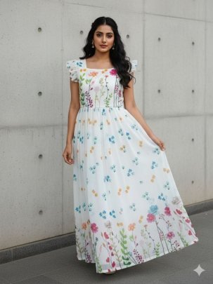 Fancy White 3 Meter Flavor Printed Sleeve Less One Peace Dress