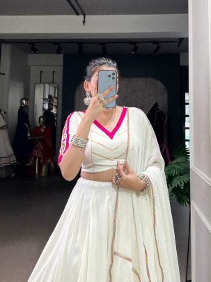 Fancy White Rayon 6mtr Flair Navratri Lehenga Choli