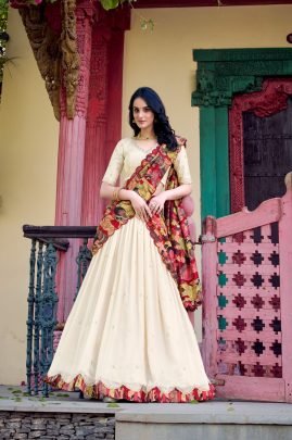 Fancy white Vichitra Silk Embroidered Lehenga with Kalamkari Print Dupatta