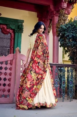 Fancy white Vichitra Silk Embroidered Lehenga with Kalamkari Print Dupatta