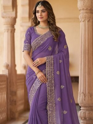 Fancy  Work  Lavender  Colour  Saree