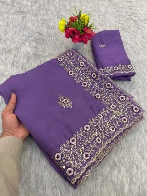 Fancy  Work  Lavender  Colour  Saree