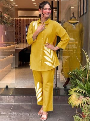 Fancy Yellow Cotton Slub Embroidered Co Ord Set With Side Pockets