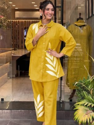 Fancy Yellow Cotton Slub Embroidered Co Ord Set With Side Pockets