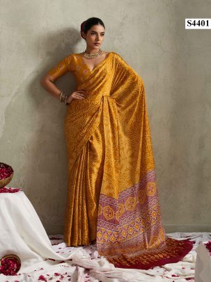 Fancy Yellow Satin Silk Bandhani Printed Saree With Unstitched Blouse