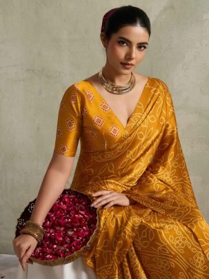 Fancy Yellow Satin Silk Bandhani Printed Saree With Unstitched Blouse