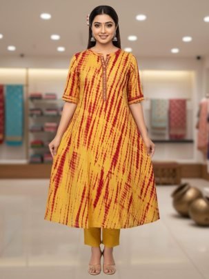 Fancy Yellow Tie Dye Roman Silk A line Kurti