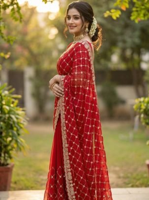 Fandy Chiffon Silk  Red Colour Saree