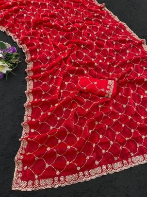 Fandy Chiffon Silk  Red Colour Saree