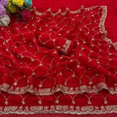 Fandy Chiffon Silk  Red Colour Saree