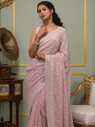 Faux Georgette Fabric Baby Pink Colour Saree