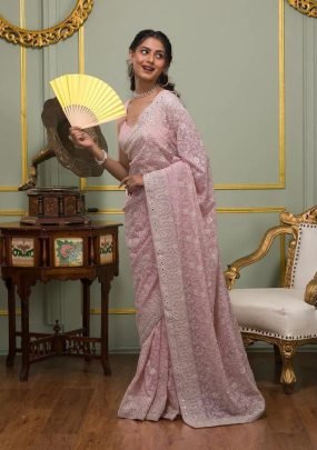 Faux Georgette Fabric Baby Pink Colour Saree