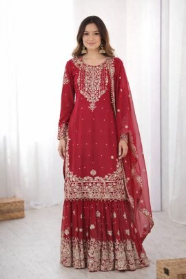 Faux Georgette Full Pearl Work Sharara Suit