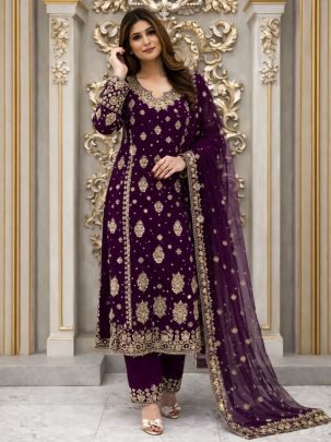 Faux Georgette Purple Colour Palazzo Suit