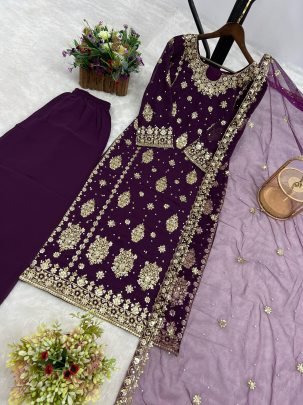 Faux Georgette Purple Colour Palazzo Suit