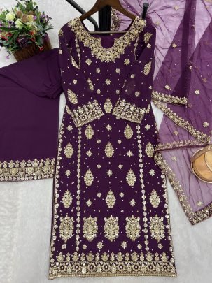 Faux Georgette Purple Colour Palazzo Suit