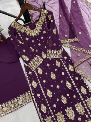 Faux Georgette Purple Colour Palazzo Suit