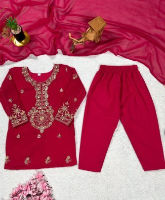 Faux Georgette Red Colour Kids Kurti Pant Dupatta Set